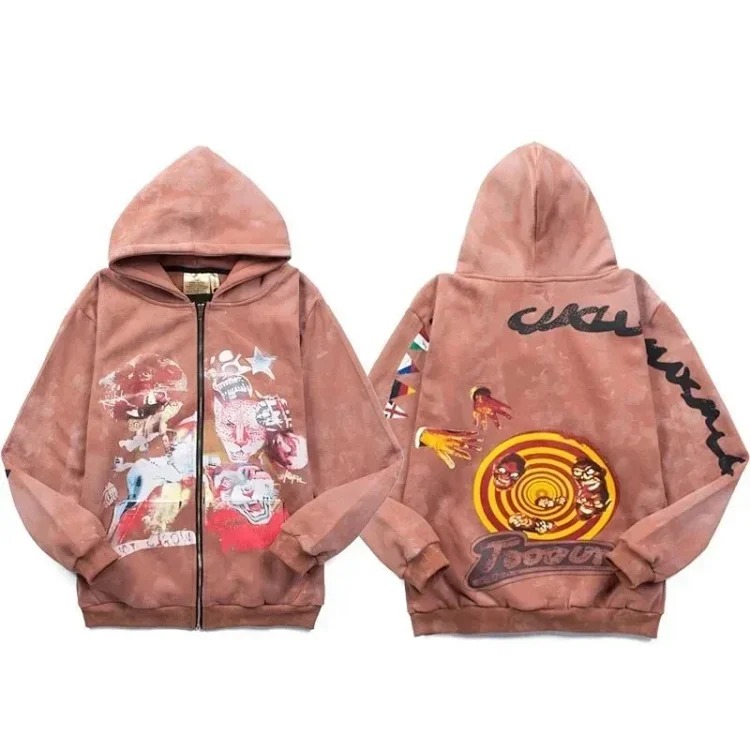 Velvet zipper sweatshirt, INS super hot, trendy, high street, retro, distressed, mud-dyed niche, Travis Scott tour commemorative autumn and winter pure cotton fleece cardigan, zipper hooded