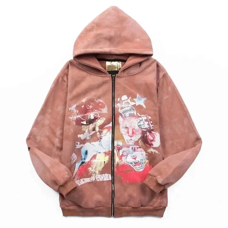Velvet zipper sweatshirt, INS super hot, trendy, high street, retro, distressed, mud-dyed niche, Travis Scott tour commemorative autumn and winter pure cotton fleece cardigan, zipper hooded