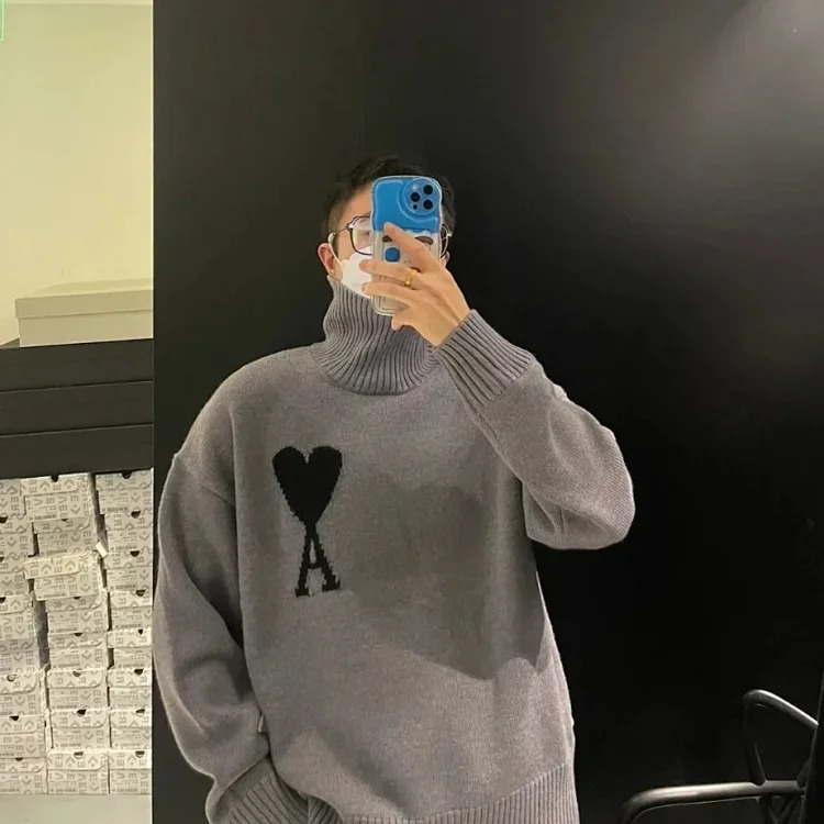 Big Heart A Embroidered Turtleneck Long Sleeve Shirt Couple Style Sweater