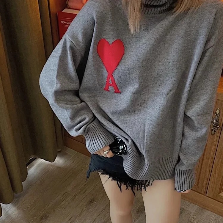 Big Heart A Embroidered Turtleneck Long Sleeve Shirt Couple Style Sweater