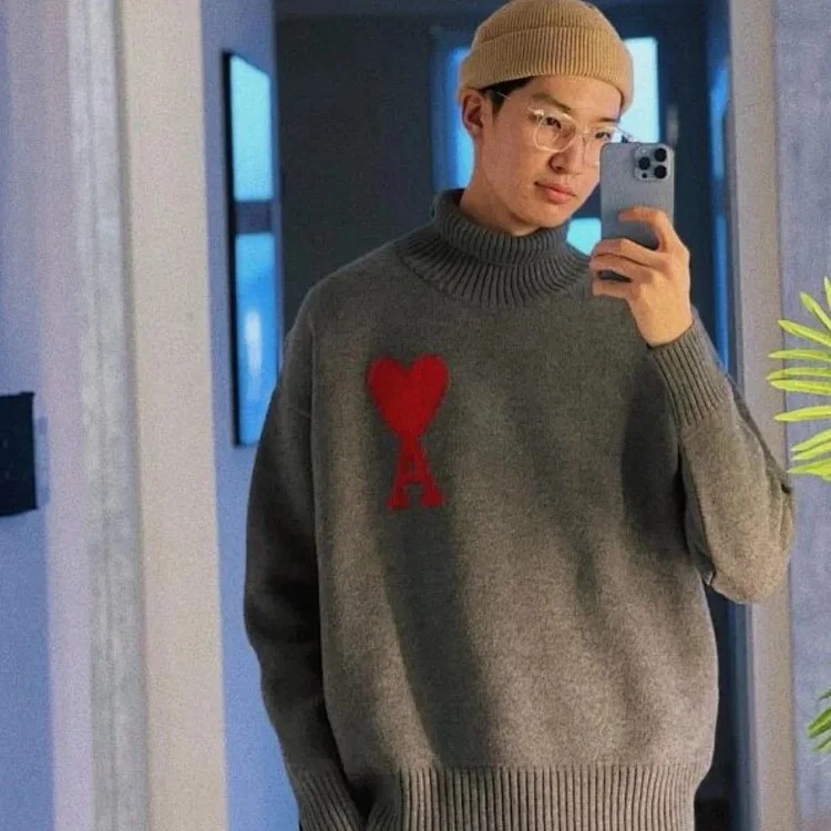Big Heart A Embroidered Turtleneck Long Sleeve Shirt Couple Style Sweater