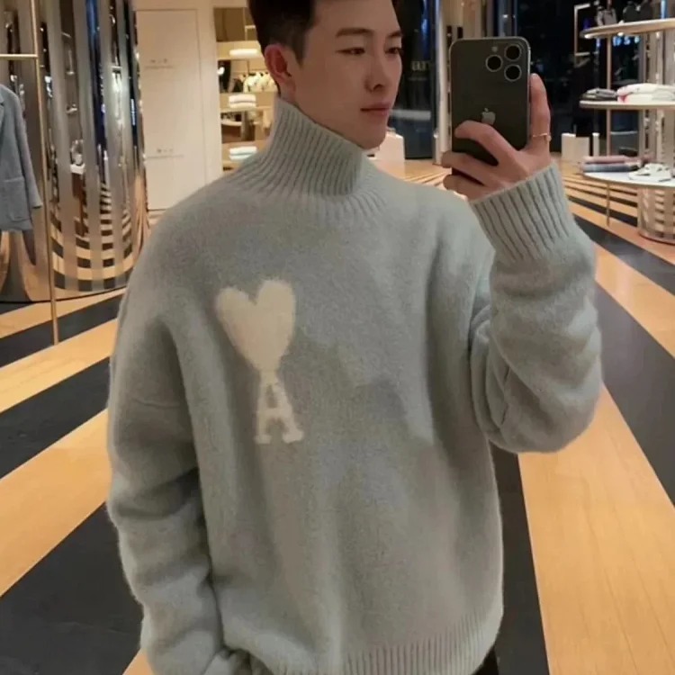 Big Heart A Embroidered Turtleneck Long Sleeve Shirt Couple Style Sweater