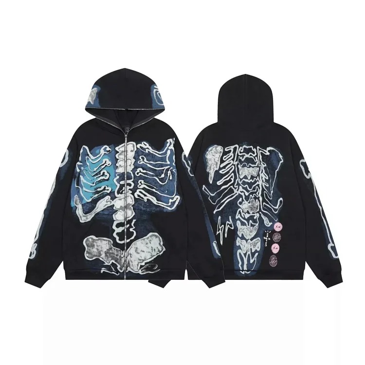 Cross-border Travis Scott skeleton skeleton velvet hooded sweatshirt for men and women high street cardigan jacket