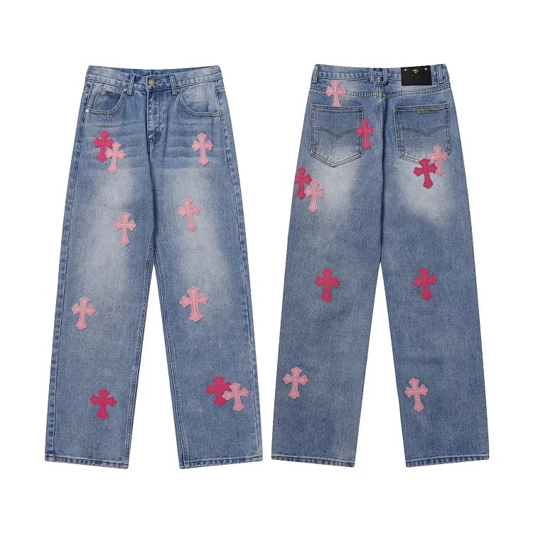 Chr*ome Hearts high-quality leather cross men's and women's American straight-through loose jeans