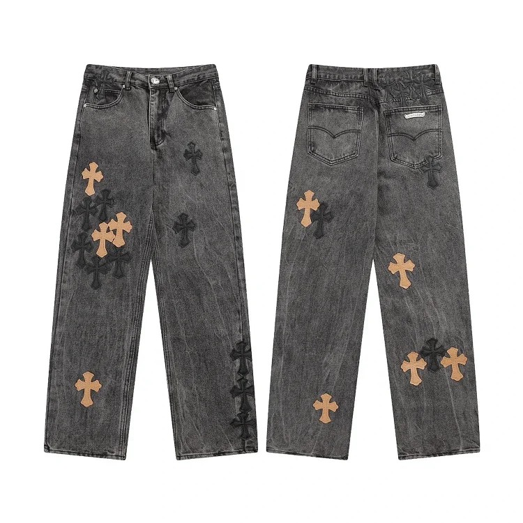 Chr*ome Hearts high-quality leather cross men's and women's American straight-through loose jeans