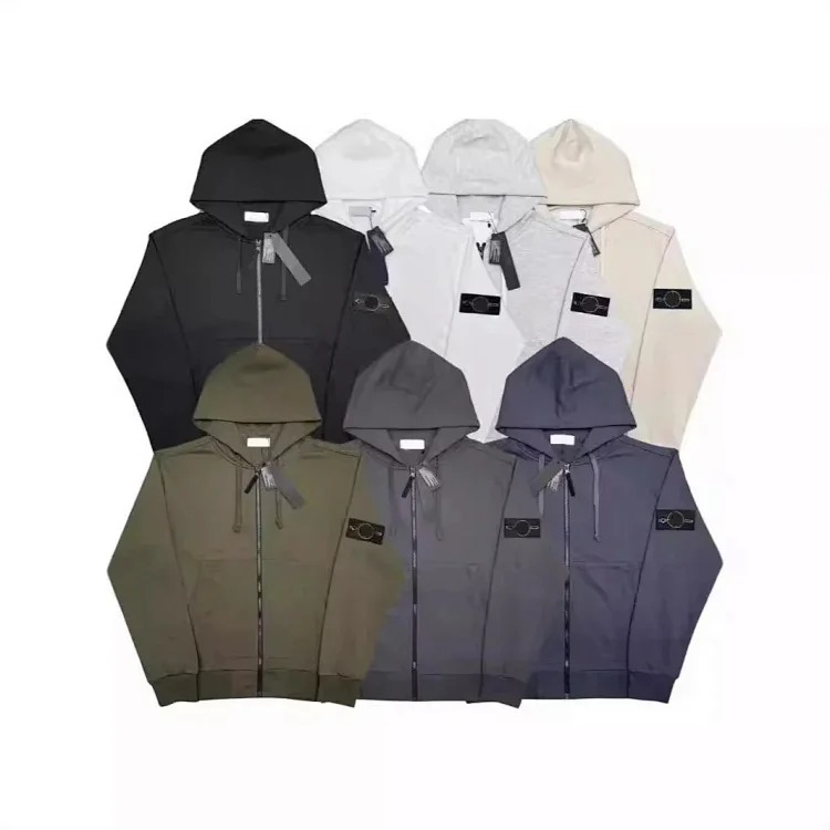 Hooded sweatshirt solid color Stone Island badge style zipper sweatshirt jacket