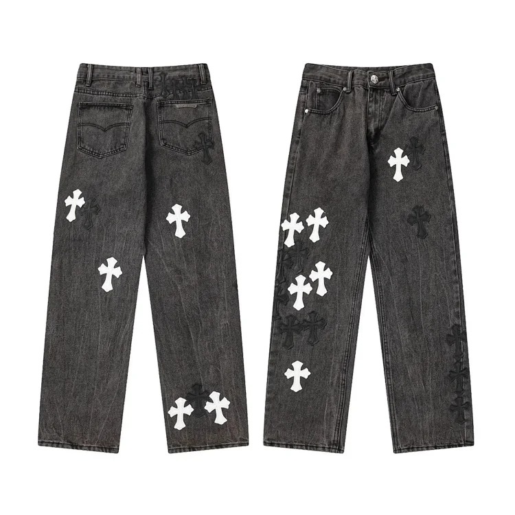 Chrome Hearts high-quality leather cross men's and women's American straight-through loose jeans