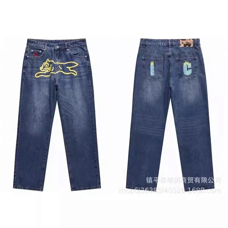 American high street fashion brand flying dog print unisex denim trousers