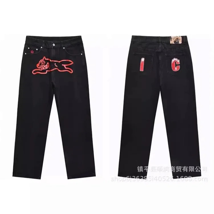 American high street fashion brand flying dog print unisex denim trousers
