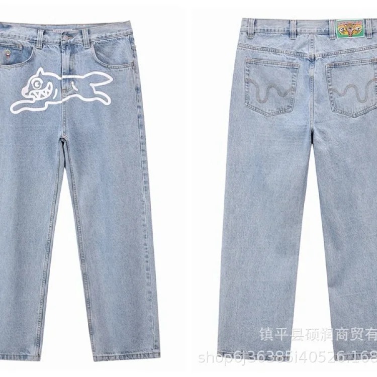 American high street fashion brand flying dog print unisex denim trousers