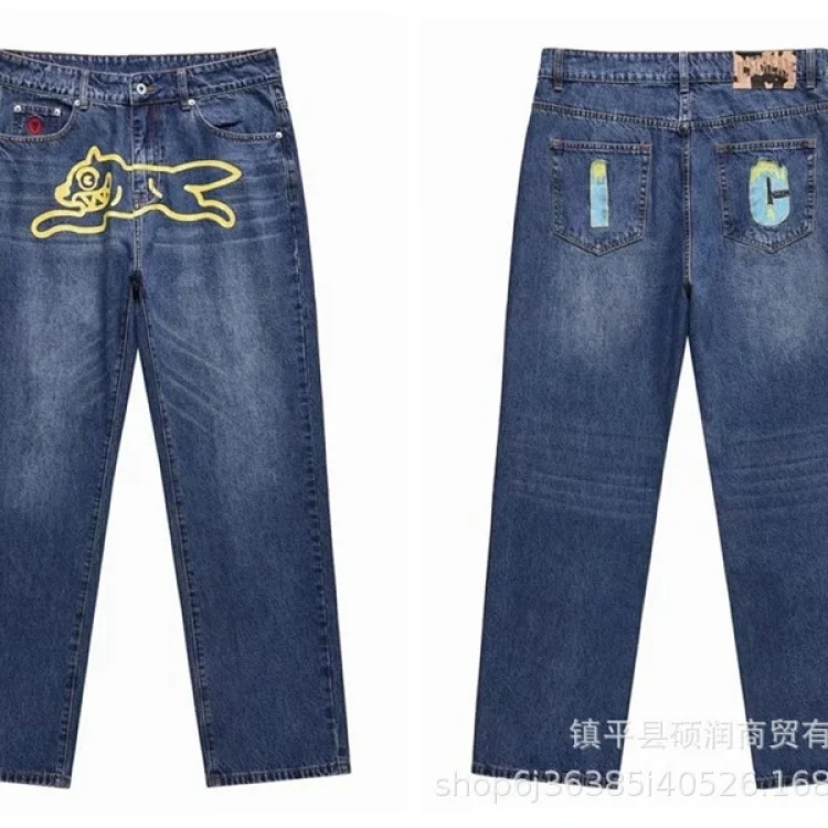 American high street fashion brand flying dog print unisex denim trousers