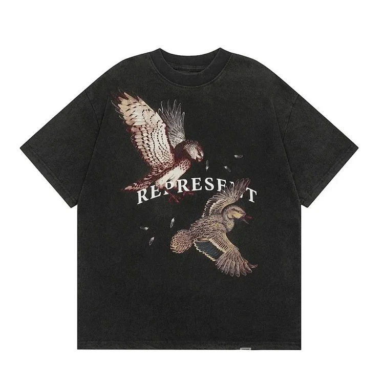 Letter print retro men's and women's couple round neck loose short-sleeved T-shirt