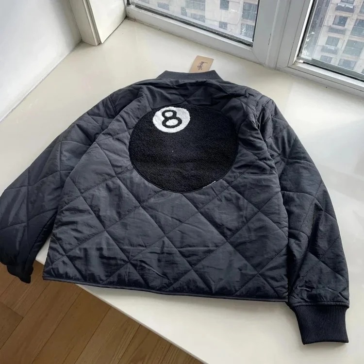 S*u*sy **West Back 8 BALL QUILTED LINER JACKET Black 8 Towel Embroidery Diamond Quilted Baseball Collar Cotton Jacket Jacket Same Style for Men and Women Couple Style Original One-to-One Def