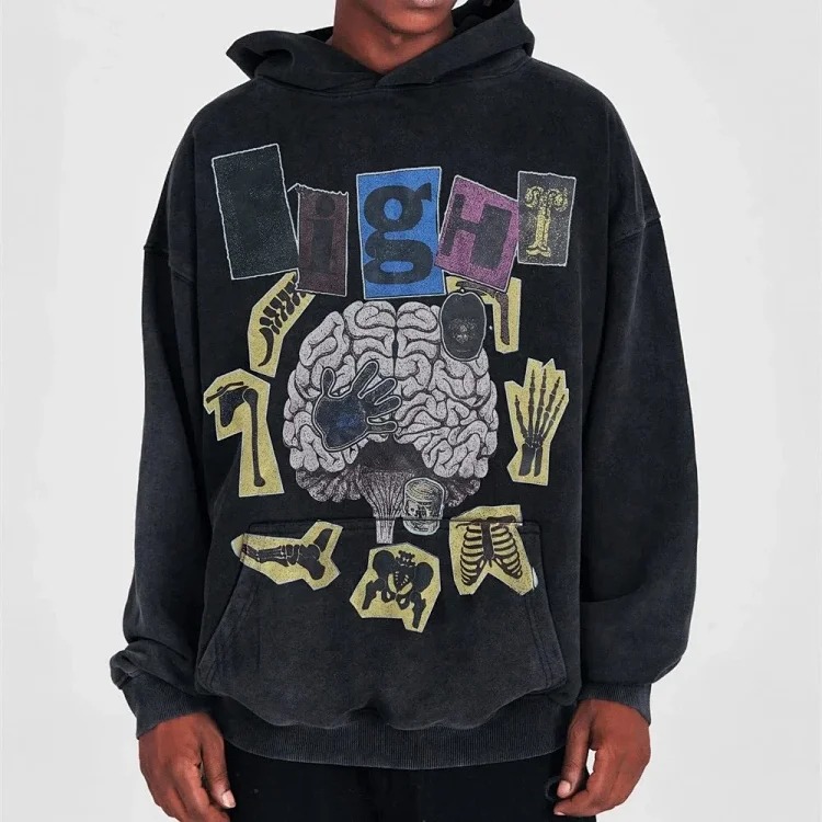 Distressed brain print casual loose hooded sweatshirt for men and women
