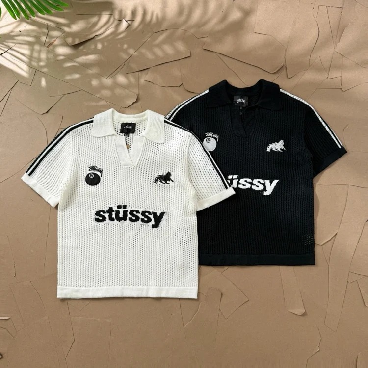 Original production Stussy co-branded SS26 new running series embroidery + jacquard crafts small label striped mesh short-sleeved sweater Polo shirt short-sleeved T-shirt pique fabric lapel