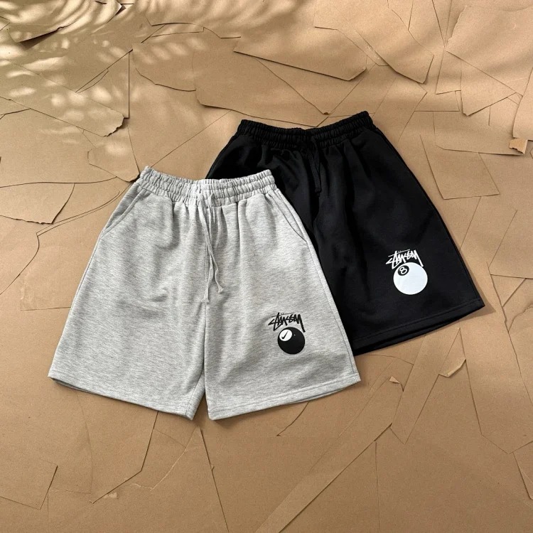 Original production Stussy Classic Black Eight Billiards Series Logo Printed Five Quarter Shorts Terry Sports Shorts Unisex Stussy Nike Co-branded Classic Black Eight Billiards Series Logo P