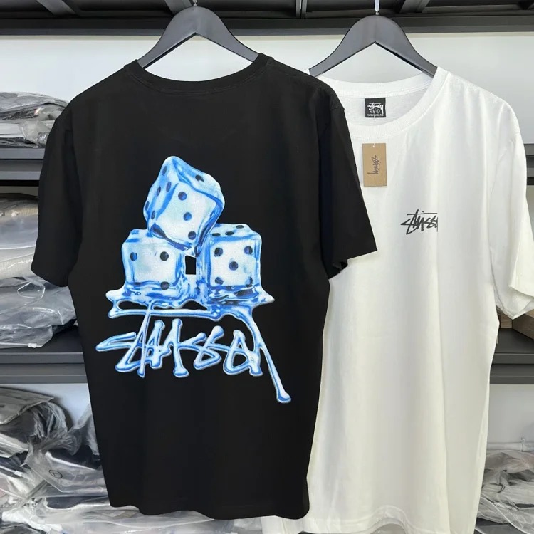 Original production Stussy SS23 spring and summer series Ice cube pattern printed loose round neck short-sleeved T-shirt Uniform pure cotton cylinder seamless design for men and women Simple