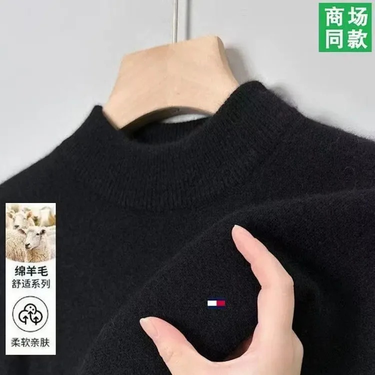 Tommy men's wool sweater winter cashmere half turtleneck thickened bottoming knitted pullover high-end sweater
