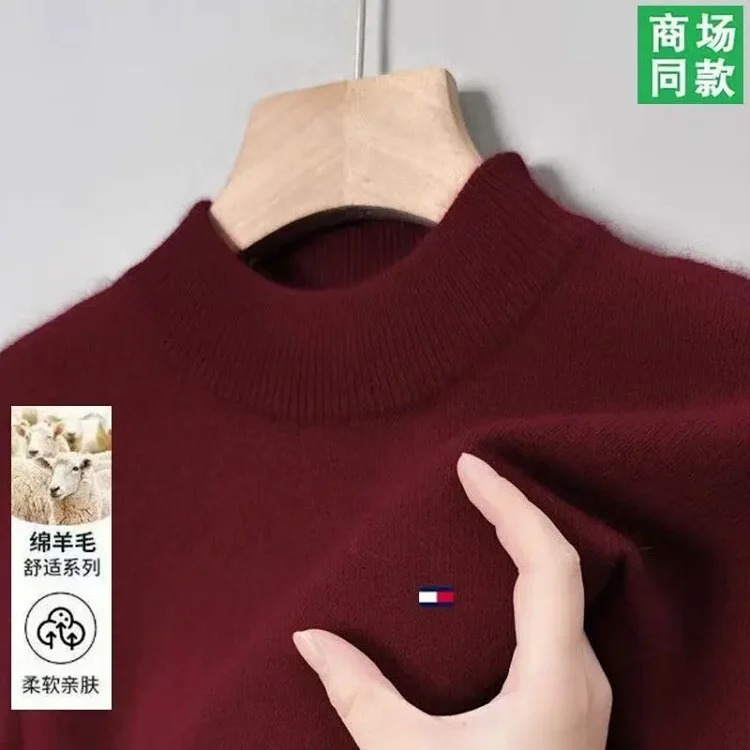 Tommy men's wool sweater winter cashmere half turtleneck thickened bottoming knitted pullover high-end sweater