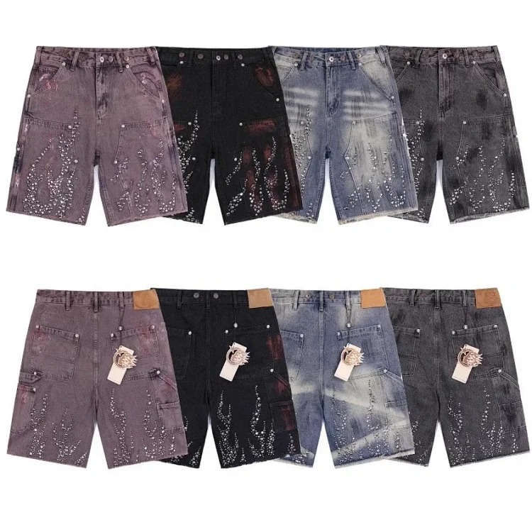 Beautiful trendy hell denim straight-leg five-quarter pants retro casual shorts diamond wash pants street