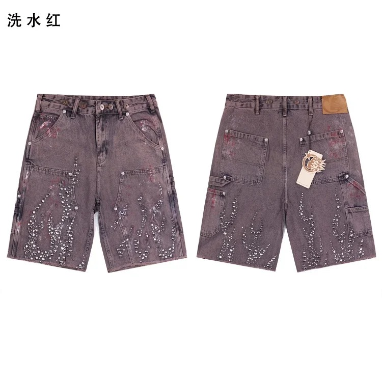 Beautiful trendy hell denim straight-leg five-quarter pants retro casual shorts diamond wash pants street