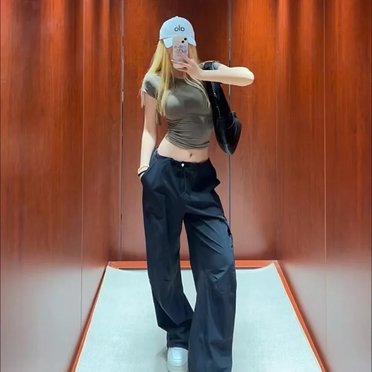 Paratrooper overalls, wide-leg pants, high-waisted, casual, slim, lightweight, quick-drying, drawstring, sports and casual trousers