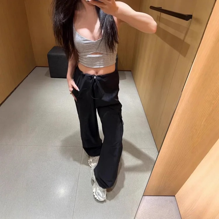 Paratrooper overalls, wide-leg pants, high-waisted, casual, slim, lightweight, quick-drying, drawstring, sports and casual trousers