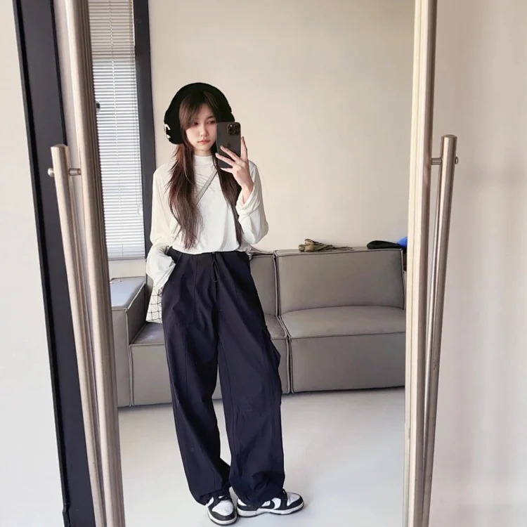 Paratrooper overalls, wide-leg pants, high-waisted, casual, slim, lightweight, quick-drying, drawstring, sports and casual trousers