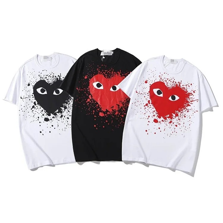 Pla love embroidered short-sleeved cotton red heart eyes couple T-shirt