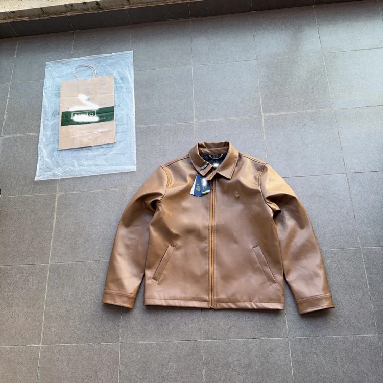Ralph Lauren Classic Zip Solid Lapel Long Sleeve Leather Retro Cool Jacket