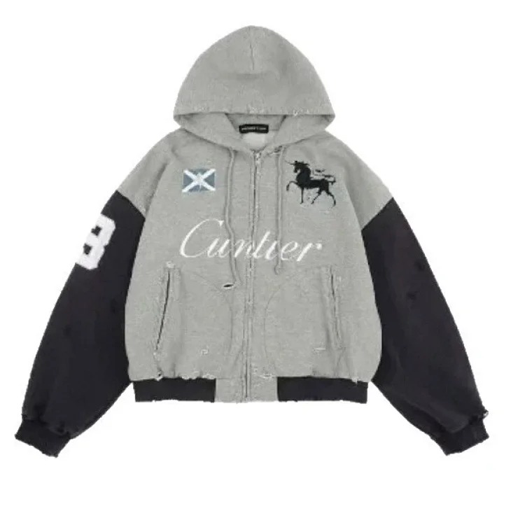 War horse patchwork washed distressed embroidered zipper cardigan hooded sweatshirt