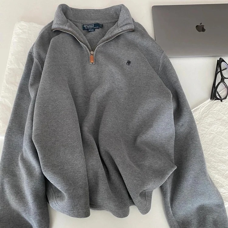 Half-zip loose sweatshirt men's polo couple sweatshirt women's retro long-sleeved lapel
