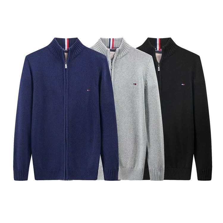 Men's sweater thickened stand collar zipper pullover sweater men's pure cotton embroidered sweater
