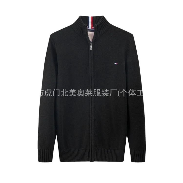 Men's sweater thickened stand collar zipper pullover sweater men's pure cotton embroidered sweater