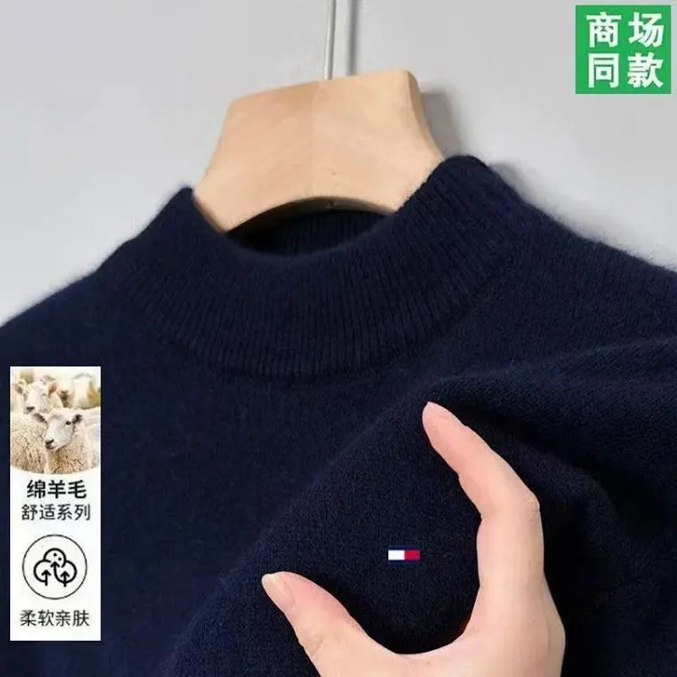 Tommy men's wool sweater winter cashmere half turtleneck thickened bottoming knitted pullover high-end