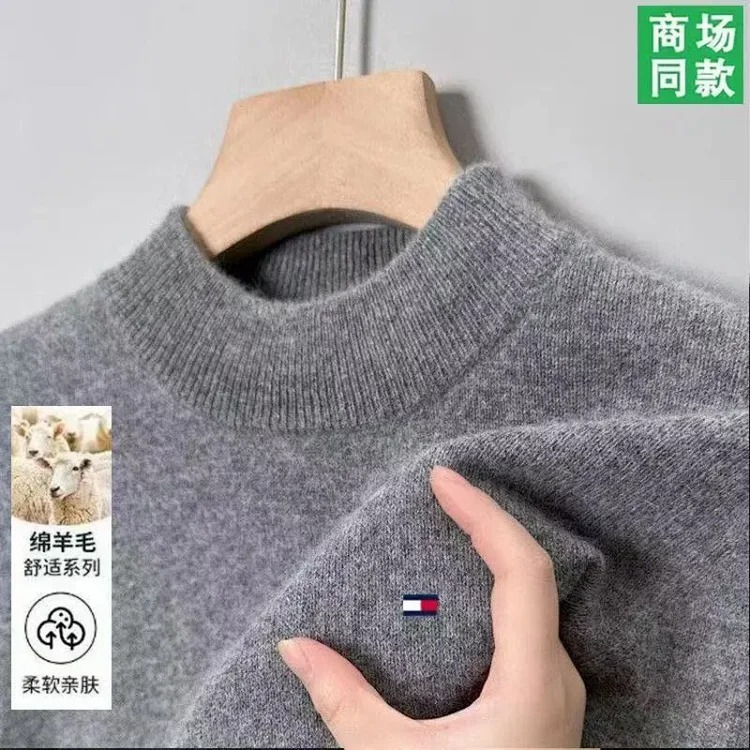 Tommy men's wool sweater winter cashmere half turtleneck thickened bottoming knitted pullover high-end