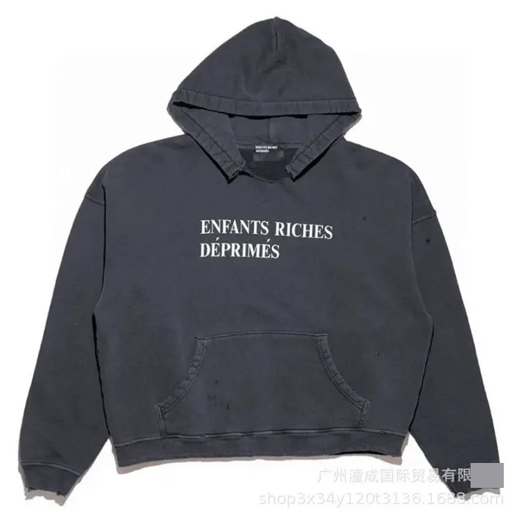 ERD Melancholy Rich Second Generation Washed and Distressed Letter Printed Hooded Sweatshirt