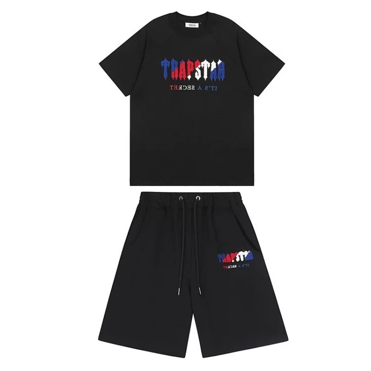 Gradient letters white and blue towel embroidery short-sleeved T-shirt shorts men's couple casual suit ins