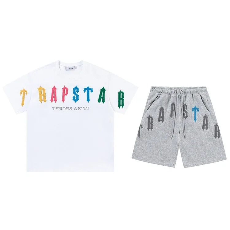 Gradient letters white and blue towel embroidery short-sleeved T-shirt shorts men's couple casual suit ins