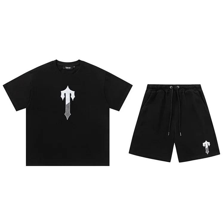 Gradient letters white and blue towel embroidery short-sleeved T-shirt shorts men's couple casual suit ins
