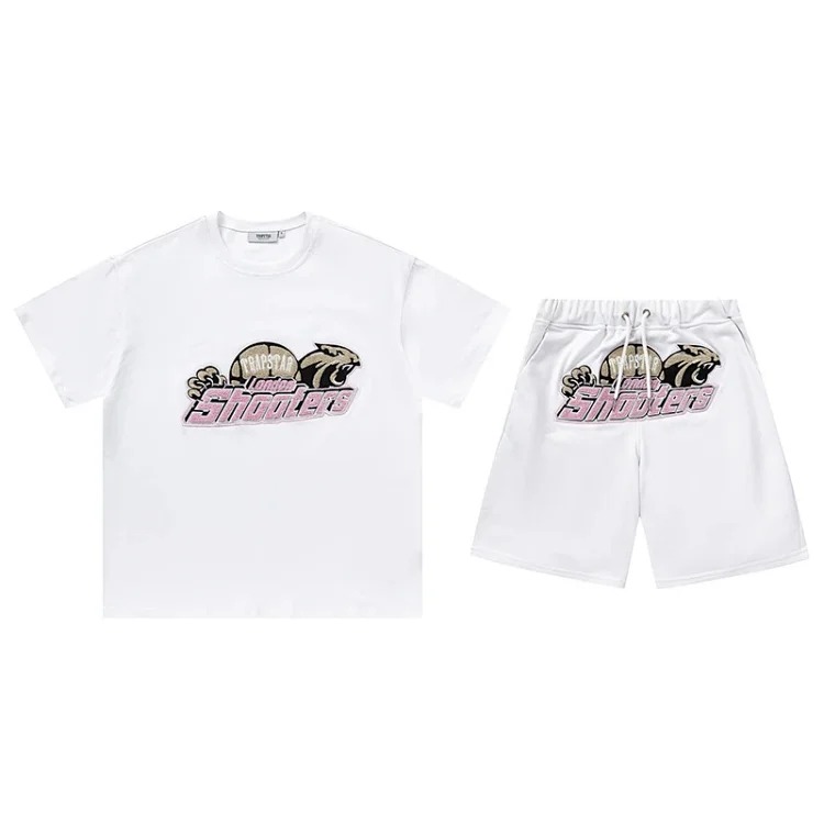 Gradient letters white and blue towel embroidery short-sleeved T-shirt shorts men's couple casual suit ins