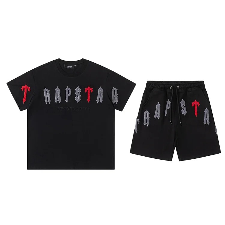 Gradient letters white and blue towel embroidery short-sleeved T-shirt shorts men's couple casual suit ins