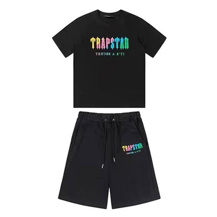 Gradient letters white and blue towel embroidery short-sleeved T-shirt shorts men's couple casual suit ins