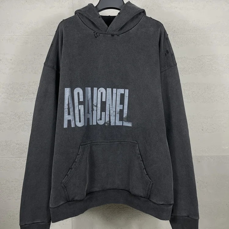 B Tower LOGO printed worn distressed OS loose hooded sweatshirt image 2