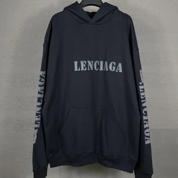 B Tower LOGO printed worn distressed OS loose hooded sweatshirt image 5