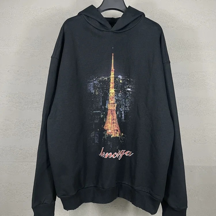 B Tower LOGO printed worn distressed OS loose hooded sweatshirt image 7
