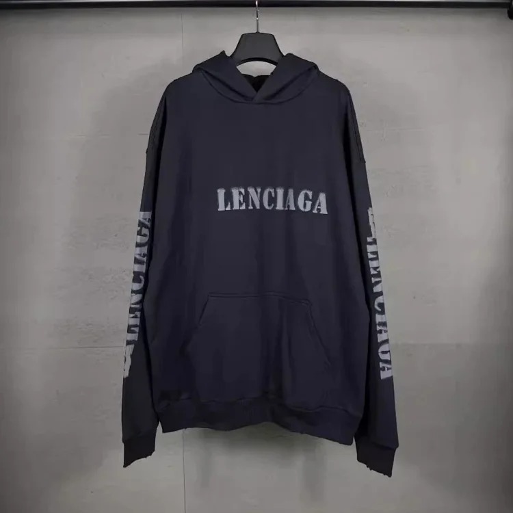 B Tower LOGO printed worn distressed OS loose hooded sweatshirt image 8