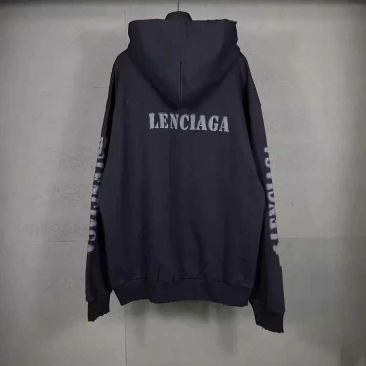 B Tower LOGO printed worn distressed OS loose hooded sweatshirt image 9