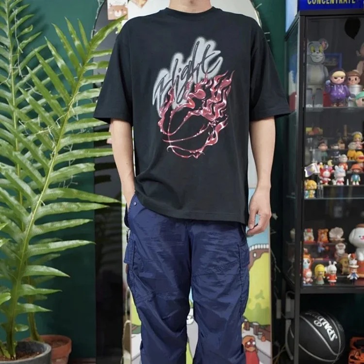 Heavyweight Travis Scott Cactus jack flame print rhinestone round neck pullover short-sleeved T-shirt tee