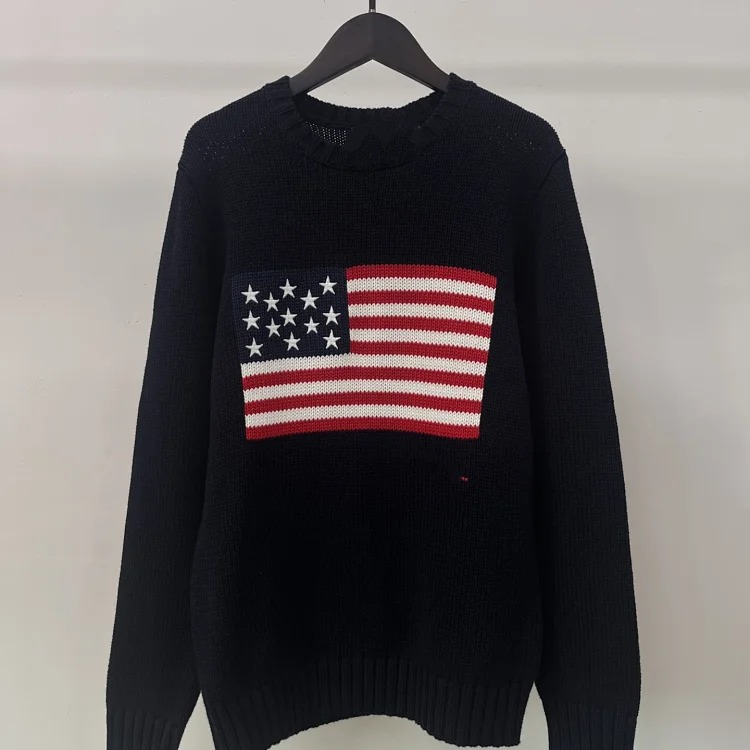 Five-pointed star embroidered striped flag pullover round neck knitted sweater for women for men and women image 3